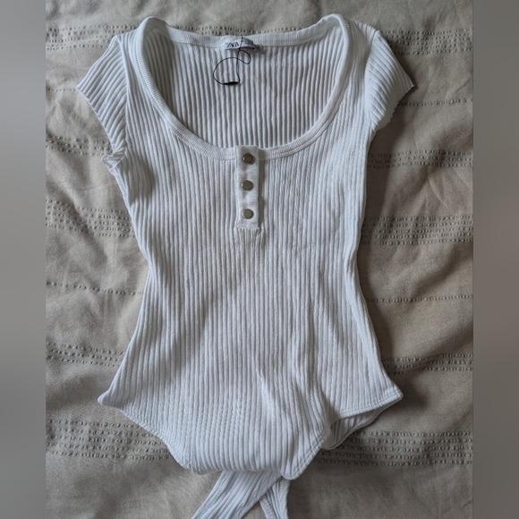 Zara Tops - Zara White Ribbed Button-Front Women's Bodysuit